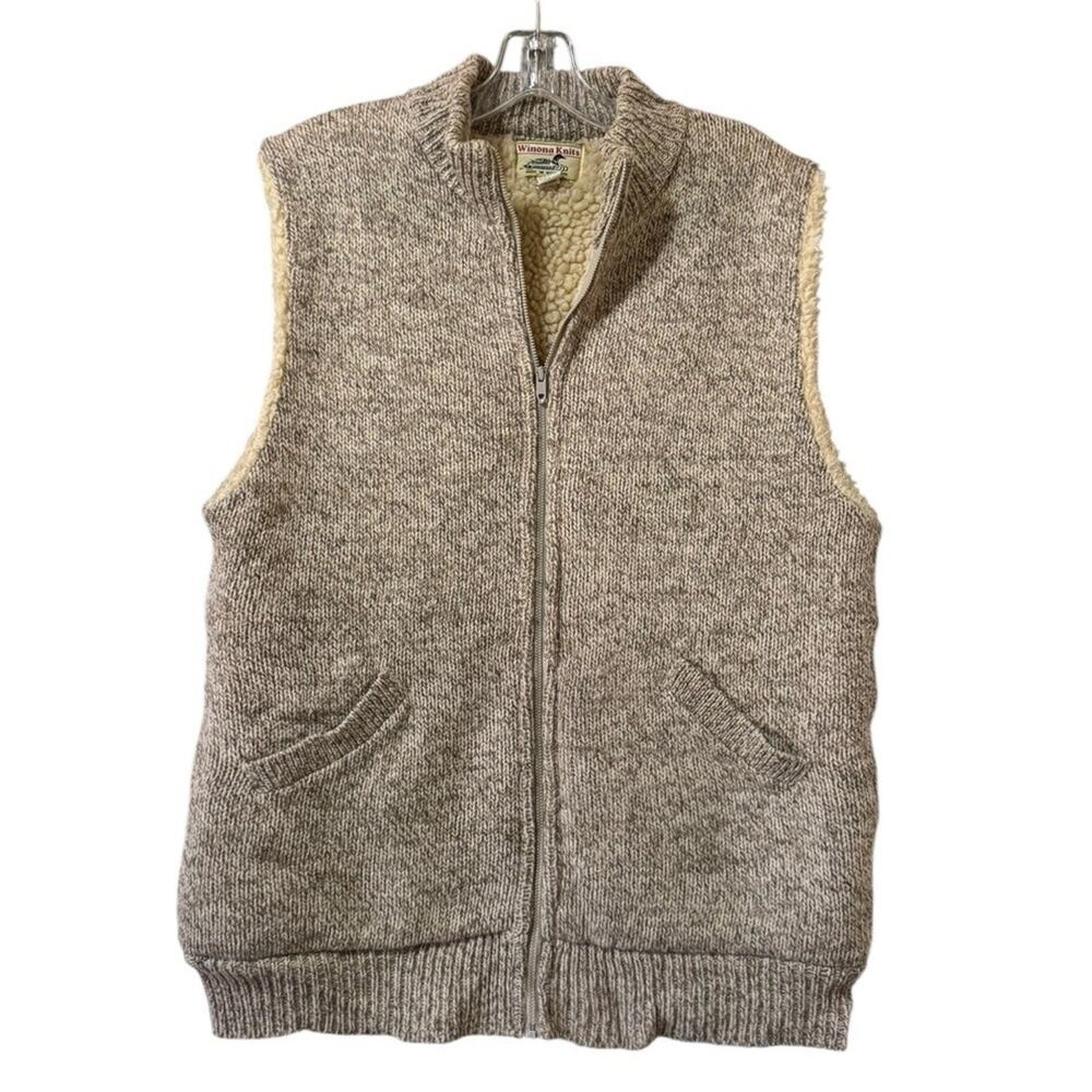 Winona Knits Men Beige Full Zip Wool Sherpa Lined Sweater Vest‎ Size L USA VTG